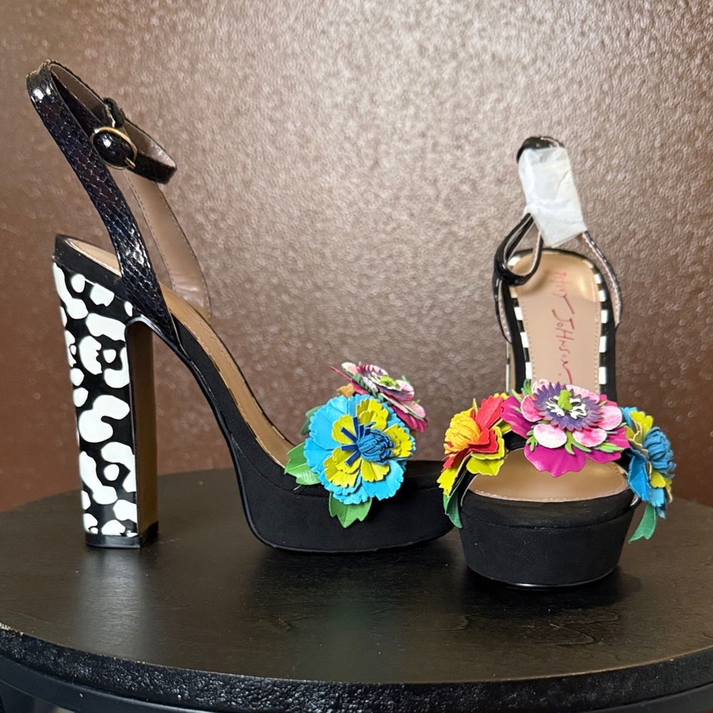 Betsey Johnson Black Floral Platform Heels